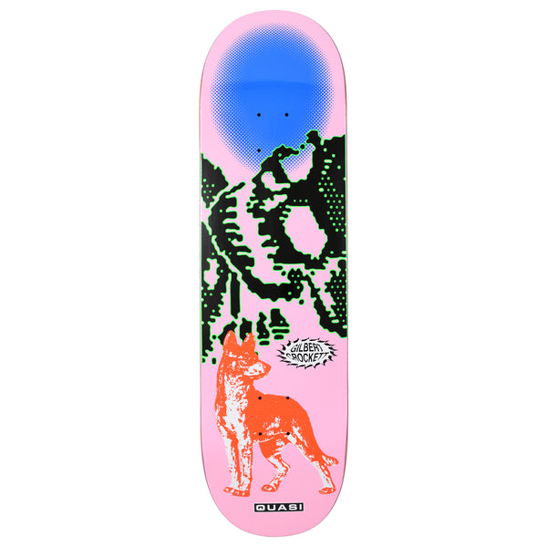 Quasi Crockett Maxi skateboard deck: Pink deck with a large blue halftone sun above a black and green pixelated skull-like shape, with an orange and white halftone dog standing below. A spiky speech bubble holds the rider's name.