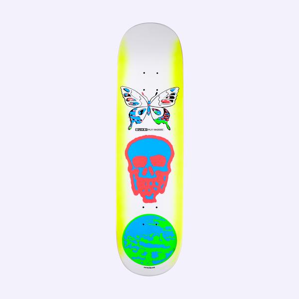 Quasi Crockett Mode skateboard deck: White deck with a fluorescent yellow glowing edge and three stacked images: a butterfly, a skull in red and blue, and a green and blue globe. Small Quasi Ply-Wood tag by the butterfly.
