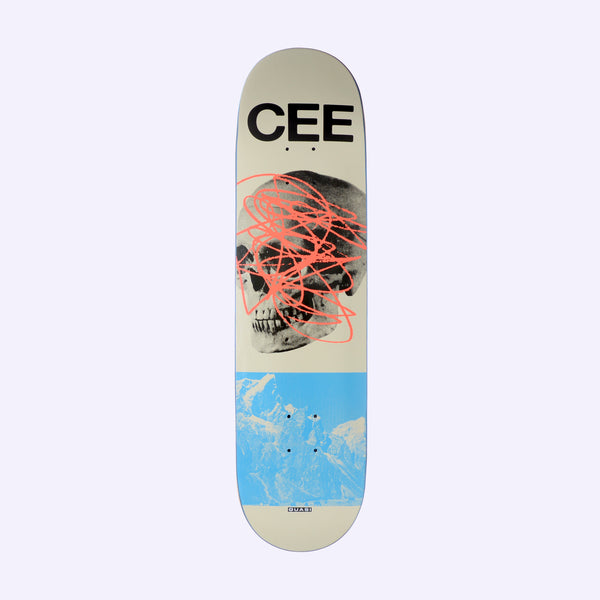 Quasi Crockett Mountain skateboard deck: Cream deck with bold black CEE lettering at the top, a halftone skull scribbled over with orange-red lines, and a pale blue photographic mountain panel at the tail.