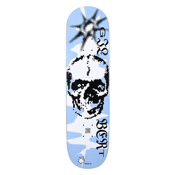Quasi Crockett Mr. Postman skateboard deck: Pale blue deck with a large pixelated black and white skull, a halftone starburst at the nose, gothic blackletter rider name down the side, a QR code and a small cursor hand logo.