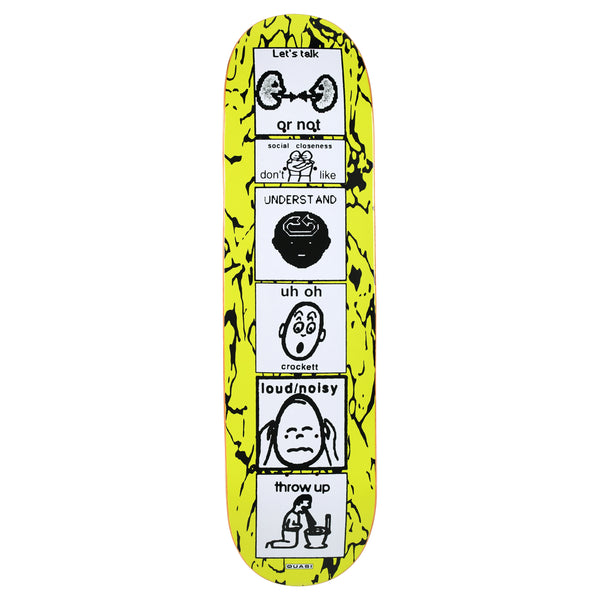 Quasi Crockett The Puker skateboard deck: Vertical strip of six pictogram-style communication cards with simple black line drawings (listening ears, a hug, a head, a startled face, hands over ears, a person vomiting into a toilet) over a yellow and black crackle pattern.