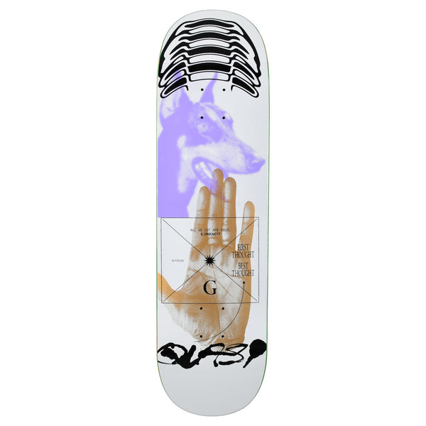 Quasi Crockett Thoughts skateboard deck: White deck with a lilac halftone Doberman head above a halftone orange hand, overlaid with a thin diagram box and small text, a stack of black ribs at the top and scrawled Quasi lettering at the foot.
