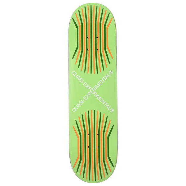 Quasi Crossfield skateboard deck: A pale lime green deck with two bundles of curved vertical orange and green lines swelling out at the nose and tail, crossed by white diagonal Quasi-Experimental text forming an X in the middle.