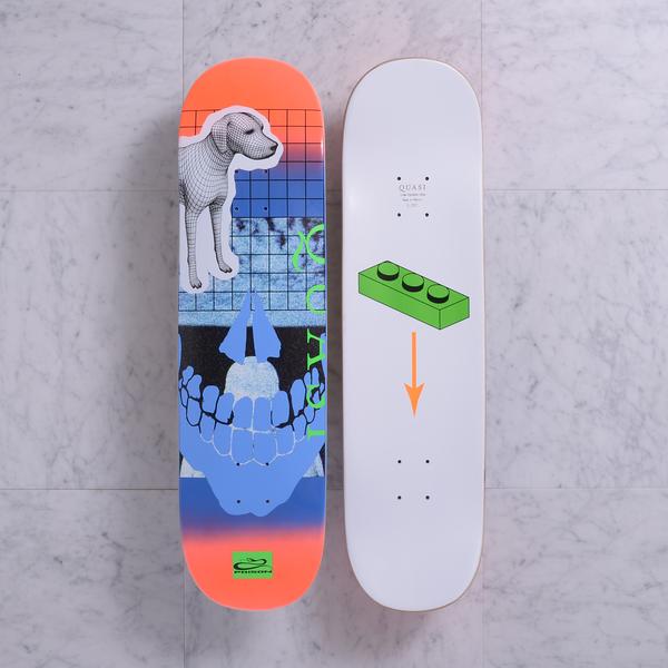 Quasi Darknet Red Fade skateboard deck: Collage of a wireframe-textured dog cut-out, a blue grid and a blue skeleton skull with upturned jaw, on an orange-to-blue gradient. The underside shows a green toy brick with an orange arrow on white.