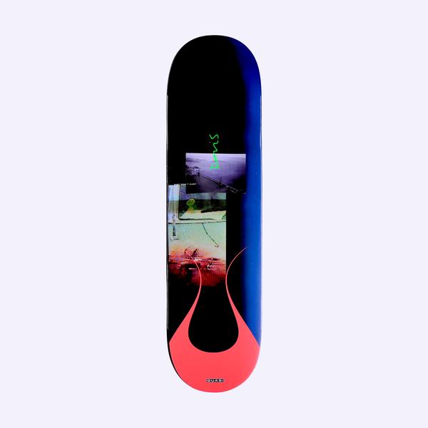 Quasi Davis Dirt skateboard deck: Black deck with a blue edge gradient, a collage of hazy photographs of a bridge and a landscape, and a coral red sweeping curved shape at the tail. Green handwritten name and a small Quasi tag.
