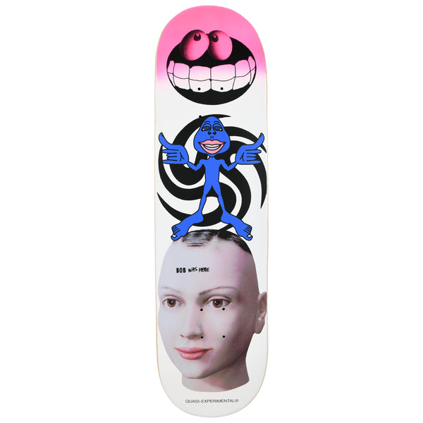 Quasi de Keyzer Mental skateboard deck: Stacked collage on a white deck: a grinning mouth with cartoon eyes on a pink fade, a blue cartoon figure pointing both hands in front of a black spiral, and a pale doll-like human face with small handwritten text on its forehead.