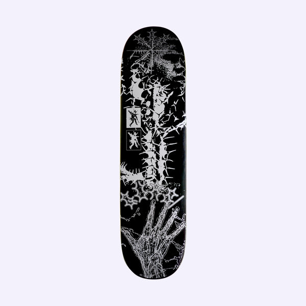 Quasi de Keyzer Monochrome skateboard deck: Silver-on-black collage of thorny branches forming a cross-like shape, spiked star motifs, small framed figures and a skeletal hand reaching up from the tail.
