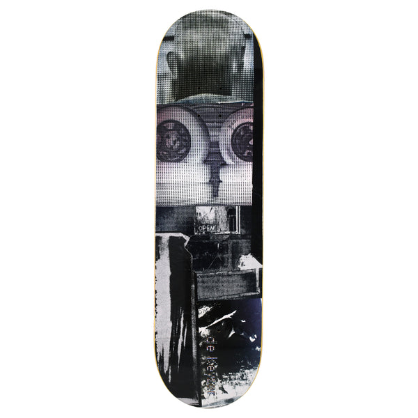 Quasi de Keyzer Pound skateboard deck: Grainy halftone photo collage in black, grey and mauve: a bald head seen from behind above a robot-like face with two large reel-like eyes, over a cluttered monochrome scene with a small 'OPEN' sign.