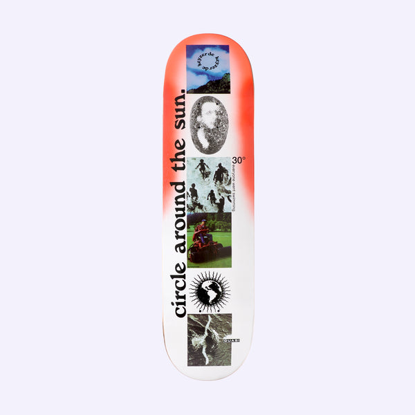 Quasi de Keyzer Since I skateboard deck: Orange-to-white airbrushed deck with a column of small photo squares: mountains, a moon, children swimming, a man on a ride-on mower, a globe and a rocky scene. The slogan circle around the sun. runs vertically.