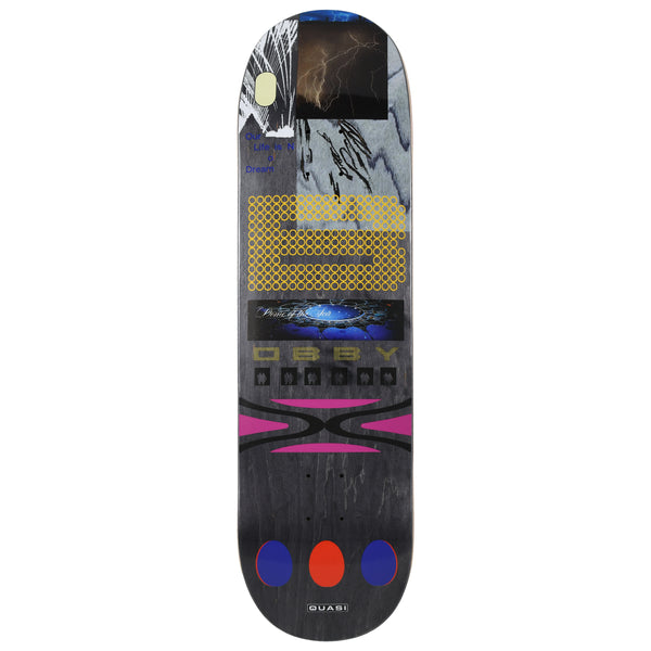 Quasi de Keyzer Thunder skateboard deck: A collage of stacked panels: a lightning photo, a blue eye-like image, a yellow circle-grid block, pink bow-tie shapes and three blue and red ovals, on grey woodgrain. Small blue and gold text appears among them.