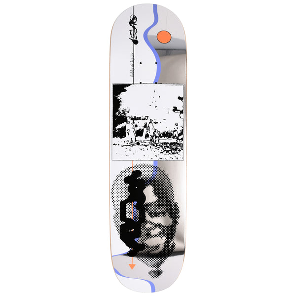 Quasi de Keyzer Timeline skateboard deck: Silver mirror-finish deck with a halftone dotted face, a black and white photo of figures at a ruin in a square panel, and a blue wavy line with an orange sun. A black abstract totem shape and orange arrow lead down the deck.