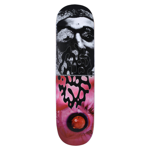 Quasi Debaser skateboard deck: A split design: a grainy black and white close-up of a face in the top half and a pink close-up of an eye below, joined by black melting inkblot shapes running across the middle. QUASI is repeated along the join.
