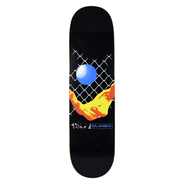 Quasi Dream skateboard deck: Screenprint-style image of a yellow and orange hand reaching up beneath a chain-link fence, with a glossy blue sphere floating above. Small logo and image strip along the bottom, on black.