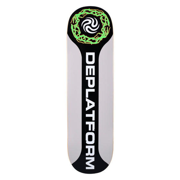 Quasi Drop - Out skateboard deck: Black vertical bar with DEPLATFORM in bold white capitals on a pale grey deck, flaring into a black circle at the nose holding a white swirl emblem ringed by tangled neon green thorny scribbles.
