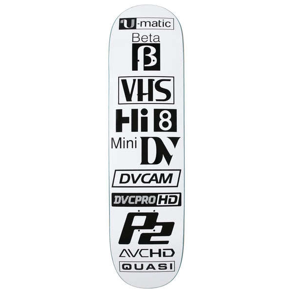 Quasi Formats skateboard deck: White deck with a column of black video format logos stacked down its length: U-matic, Beta, VHS, Hi8, Mini DV, DVCAM, DVCPRO HD, P2 and AVCHD, ending with a Quasi logo.