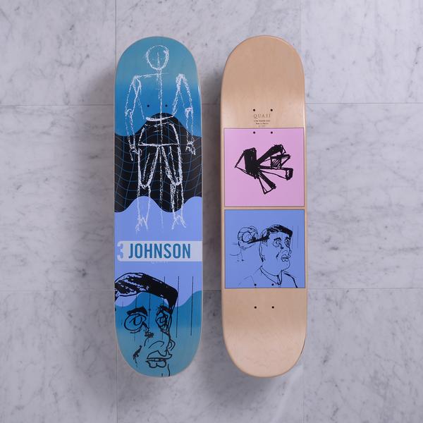 Quasi Futuro Blue Fade skateboard deck: Blue deck with a chalk-like white outline of a standing figure over a black grid-warped panel with wavy blue bands, above a sketched cartoon face with a heavy brow. The rider's surname is on a white strip across the middle.