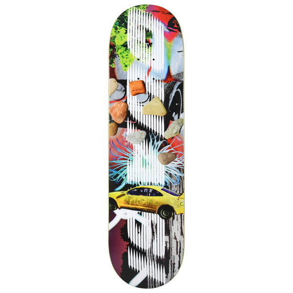 Quasi Gas Station skateboard deck: A collage of a yellow sports car, scattered pebbles, a sea anemone and graffiti-like colours, overlaid with vertical white line striping. The colourful pieces run along a tall white shape.