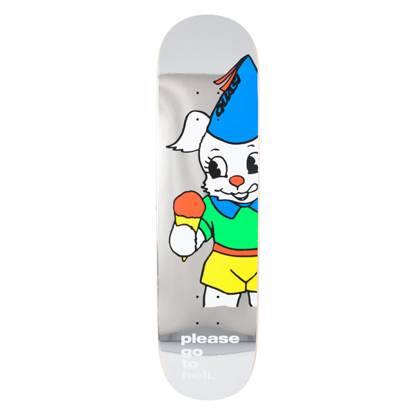 Quasi Gth skateboard deck: A cartoon white bunny in a green top and yellow shorts, licking its lips and holding an ice cream cone, wearing a blue party hat, cut off at the left edge on a silver foil deck. 'please go to hell.' is printed at the tail.