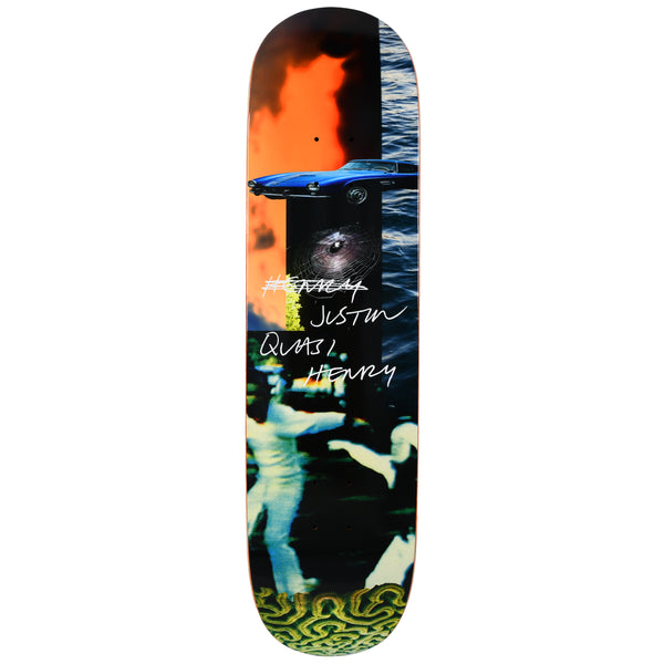 Quasi Henry Autobahn skateboard deck: Collage of photographs: orange smoke or fire, dark sea, a blue vintage car, a spider web, and blurred white-clad figures, with handwritten names crossed out and rewritten across the middle.