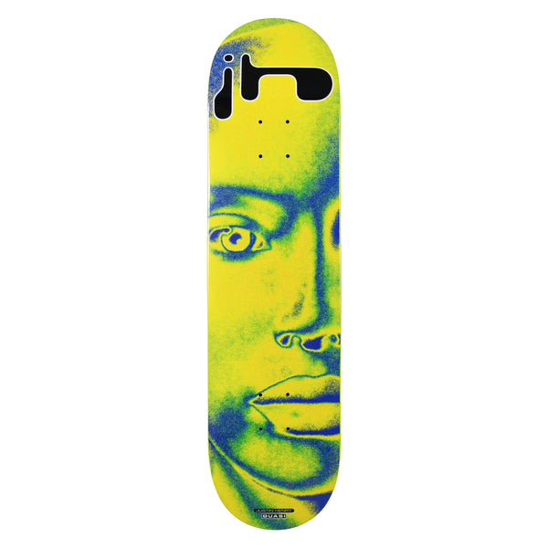 Quasi Henry Bighead skateboard deck: Large close-up of a half-tone style human face in blue on bright yellow, filling the deck, with a chunky black rounded 'jh' monogram at the nose end.