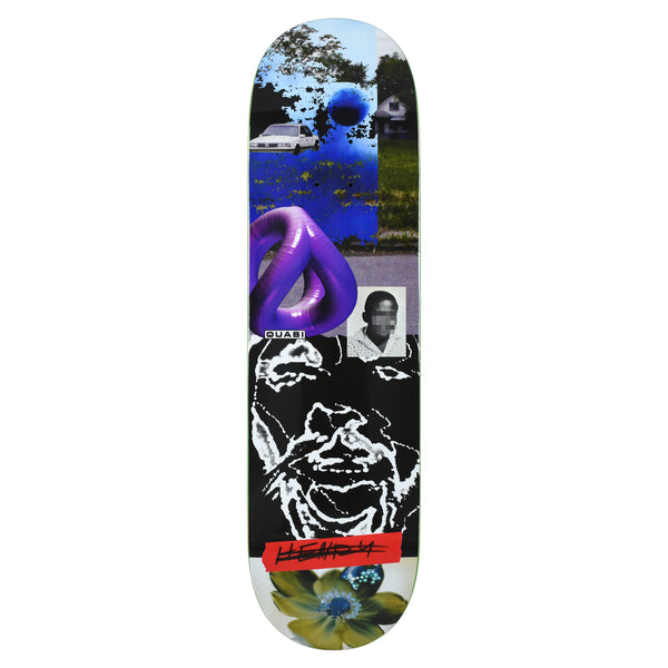 Quasi Henry Detroit skateboard deck: A collage of a white car on a street, a blurred blue patch of grass, a purple inflated loop, a pixelated portrait and a white-line black face drawing. A red strip with a handwritten name and a yellow flower sit at the bottom.