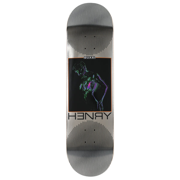 Quasi Henry I.D skateboard deck: Silver foil deck with black wavy-line circles at each end and a black framed panel with a green and purple posterised figure of a person leaning forward. Quasi label above and 'Henry' below with a reversed R.