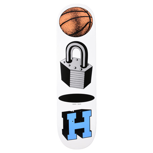Quasi Henry Locked skateboard deck: White deck with four stacked objects: a stippled orange basketball, a black and grey padlock, a black oval hole and a blue block letter H with a black 3D shadow. Small 'J. Henry / Quasi' text above the H.
