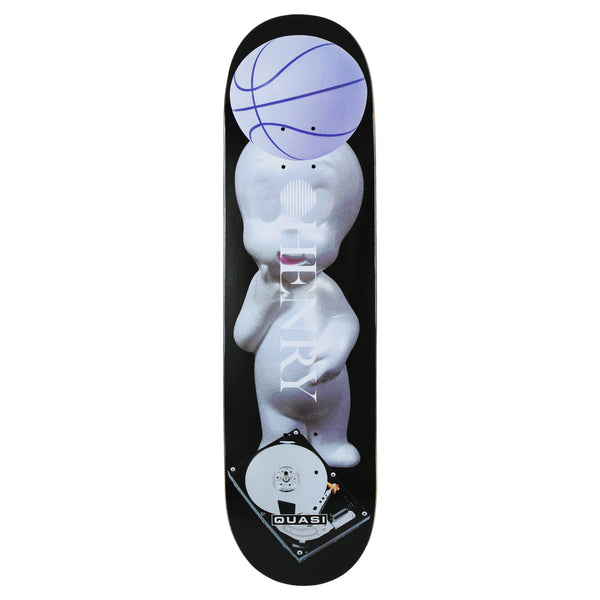 Quasi Henry Mempool skateboard deck: Black deck with a photographic composite of a pale ghost-like toy figure balancing a lilac basketball on its head, standing on an open hard disk drive. HENRY is set vertically in translucent serif type.