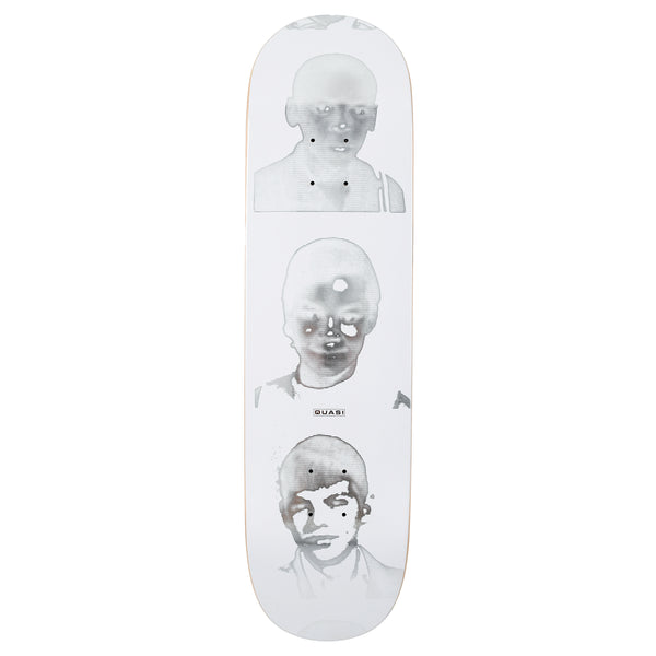 Quasi Imago skateboard deck: Three stacked, ghostly inverted-tone portraits of children's heads and shoulders in grey and white on a white deck, with a small Quasi label between the second and third.