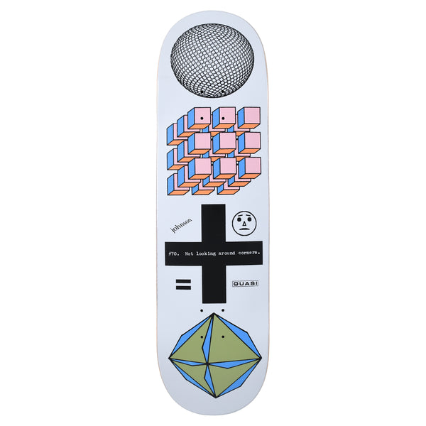 Quasi Johnson 3 - DPO skateboard deck: Stack of pale graphic shapes: a dotted sphere, a grid of pink and blue cubes with dot eyes, a black cross with a typed caption, a small sad face and a green and blue faceted gem.