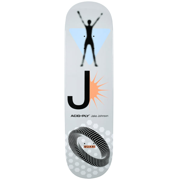 Quasi Johnson Exalt skateboard deck: Grey deck with a blurred black silhouette of a person with raised arms over a pale blue inverted triangle, a large letter J beside an orange starburst, and a black ribbed ring over a hexagon pattern at the tail.