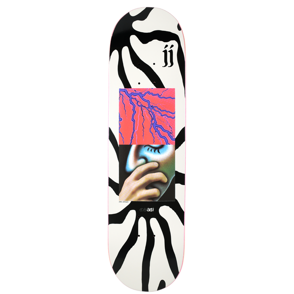 Quasi Johnson Mirage skateboard deck: White deck with thick black radiating tendril shapes and a central collage of two images: pink lightning bolts above and an airbrushed face half covered by a hand below. Blackletter 'JJ' near the nose and Quasi logo at the tail.
