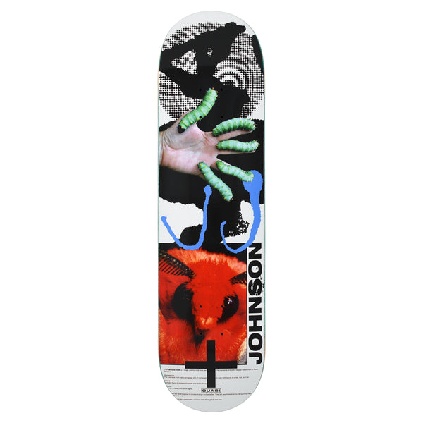 Quasi Johnson Mothhead skateboard deck: Collage with a hand wearing green caterpillars on its fingers, black halftone shapes and blue squiggles, above a red fluffy moth face. 'Johnson' runs up the side in black, with a black cross and small body text at the bottom.