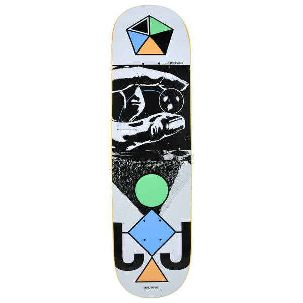 Quasi Johnson Spacetime skateboard deck: A collage of geometric shapes in green, blue and orange (pentagon, circle, diamond, triangle) with large black 'J' letters, around a black and white image of a hand holding a small planet with an orbit line.