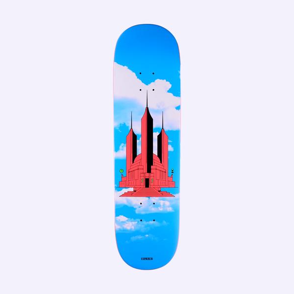 Quasi Johnson Time Chamber skateboard deck: Red stylised temple-like building with three tall black spires and stepped terraces floating on a cloud, against a bright blue sky photograph. A small Quasi logo at the foot.
