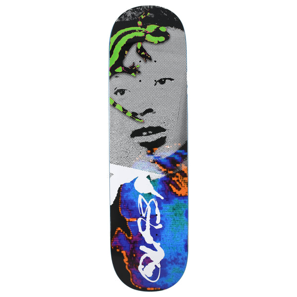 Quasi Lizard Kang skateboard deck: A halftone black and white portrait of a face with a bright green lizard crawling across the forehead, fading into a blue, orange and purple thermal-style pattern at the bottom, with a white scrawled logo.