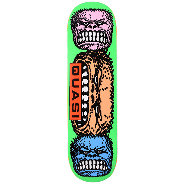Quasi Meathead skateboard deck: Three stacked grimacing gorilla-like heads in pink, orange and blue with stippled black outlines and clenched teeth, the middle one turned sideways, with a red 'QUASI' label, on a neon green deck.