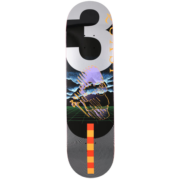 Quasi Memory skateboard deck: A large black and silver number 3 above a glowing orange outline of a distorted skull over stormy clouds and a green grid horizon, with an orange and red striped bar and concentric black rings below.