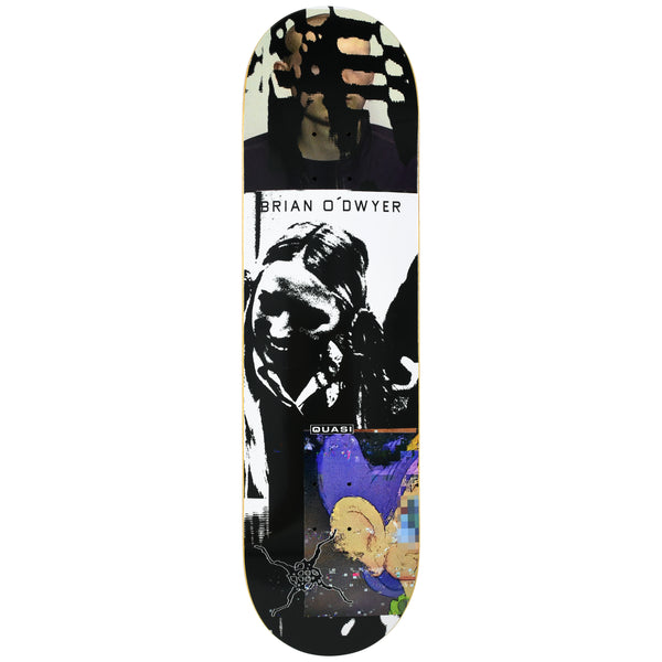 Quasi ODwyer Sync 1 skateboard deck: Black and white photographic collage of a long-haired figure with hands covering the face, a blacked-out face above, and a pixelated glitchy purple and yellow image at the tail. 'Brian O'Dwyer' and Quasi label included.