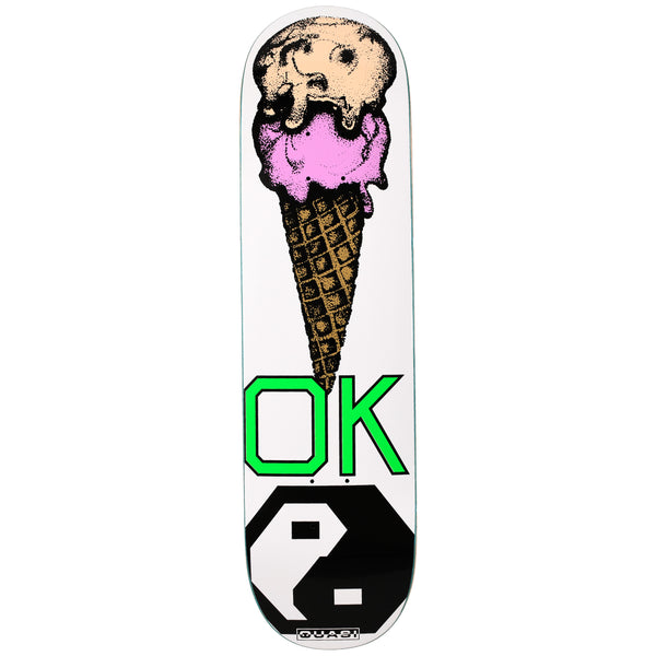 Quasi Okay skateboard deck: A stippled, hand-printed two-scoop ice cream cone, peach over pink, points down toward large green 'OK' lettering. A black yin-yang symbol in blocky style sits at the tail on a white deck.