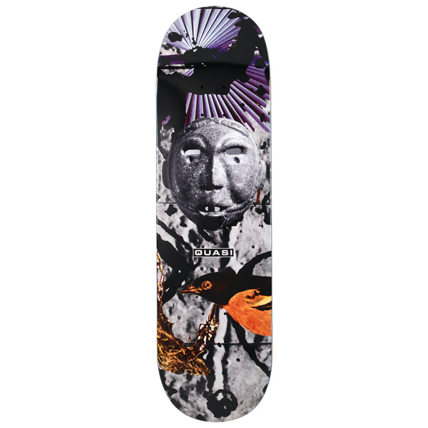 Quasi Oriole skateboard deck: Collage of a grey stone mask face under a purple sunburst, with an orange and black oriole bird and a woven nest below, over a mottled grey and black background and a small Quasi label.