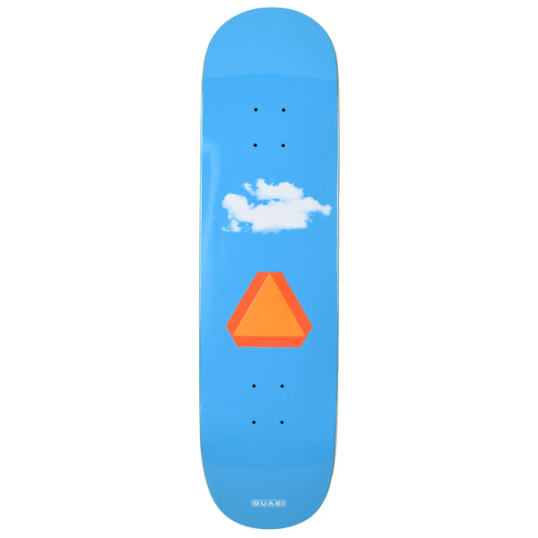Quasi Pacer skateboard deck: A single white cloud above an orange slow-moving-vehicle triangle sign on a plain bright blue deck. Small Quasi label near the tail.