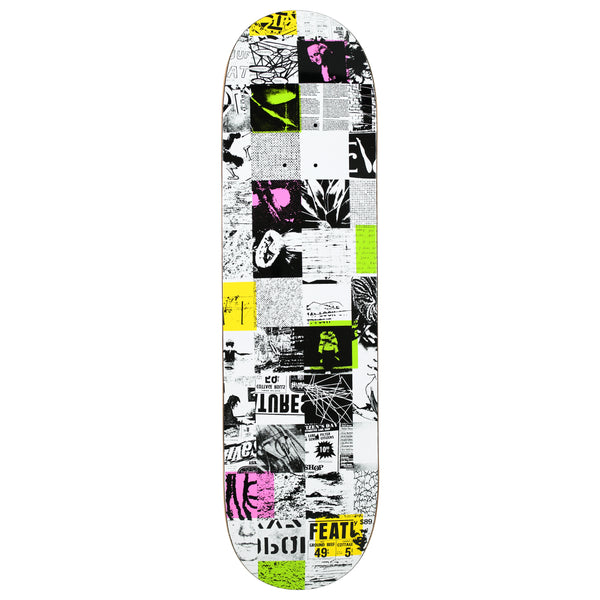 Quasi Patchwork skateboard deck: A grid of black and white photocopied collage squares featuring newspaper print, textures, faces and scribbles, with scattered squares in hot pink, lime green and yellow.