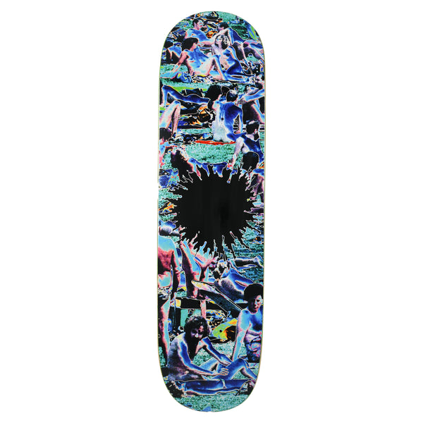 Quasi People skateboard deck: Colour-inverted photograph of many people sunbathing and lounging on grass, in electric blues, greens and pinks, with a black splat shape in the centre.