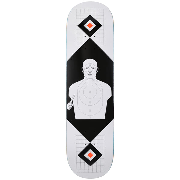 Quasi Perp skateboard deck: Black and white line drawing of a shooting-range target figure, bald and holding a knife, in a black diamond, with target grids and orange-centred diamonds at each end of a white deck. Q U A S I runs down the target rings.