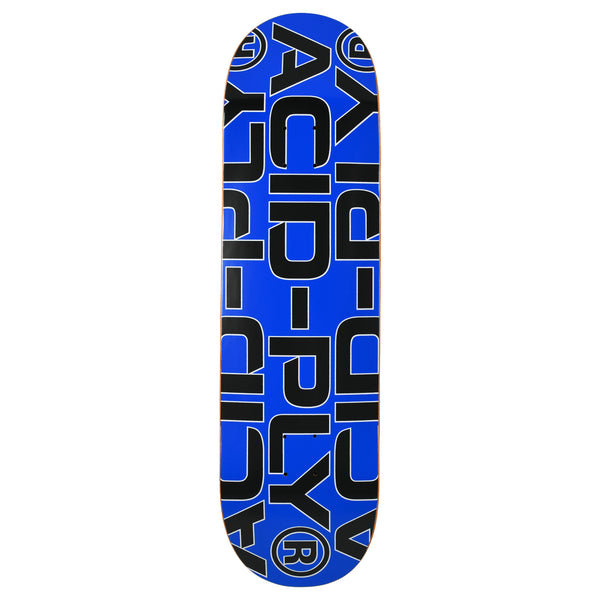 Quasi Ply Logo skateboard deck: The words 'Acid-Ply' are repeated in large black block capitals, with a circled R mark, running at different angles across a bright blue deck.