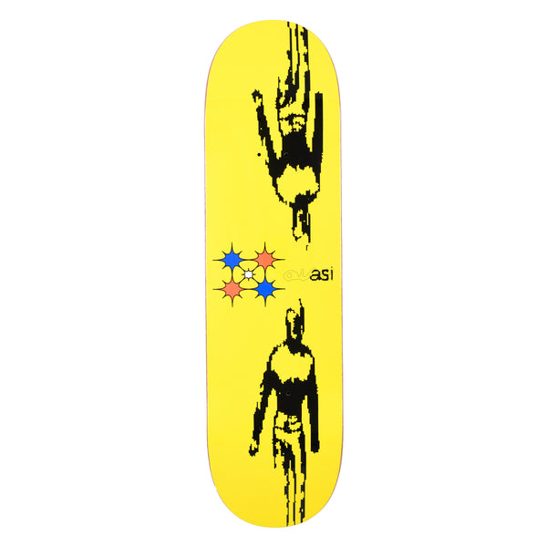 Quasi Reflecta skateboard deck: Two pixelated black silhouettes of a standing figure, one upright and one upside down, on a bright yellow deck, with a cluster of blue and orange star shapes and the Quasi logo in the centre.