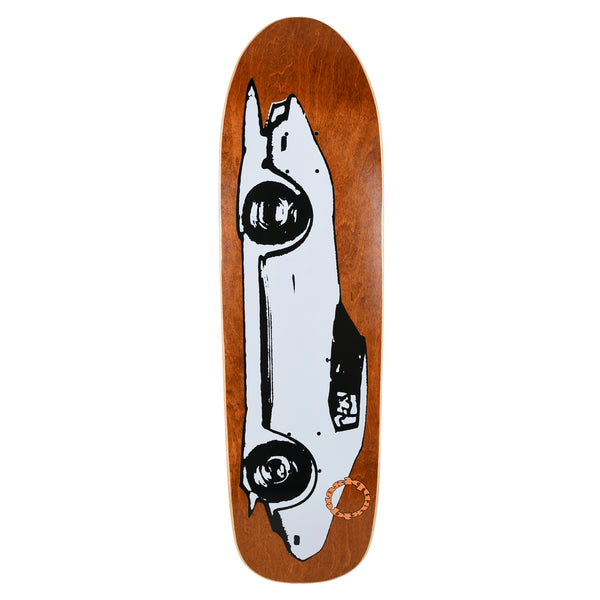 Quasi Ride skateboard deck: A bold black and white side view of a low sports car with large black wheels, printed over a brown stained wood old-school shaped deck, with a small orange ring logo near the tail.