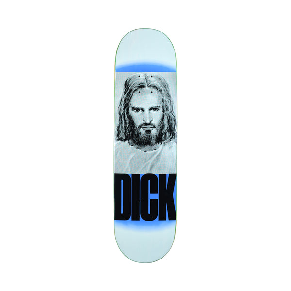 Quasi Rizzo Big Dick skateboard deck: A grainy black and white portrait of a long-haired, bearded man in the style of a devotional religious image sits on a pale ground with blue airbrushed edges. A word in heavy black capitals is set beneath.