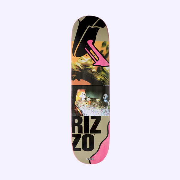 Quasi Rizzo Cereal skateboard deck: Collage deck with a photographed tree frog and a toy bear and dog at a table full of cereal, framed by black and pink cut shapes on a tan ground. Rizzo is in large black stacked letters near the tail.